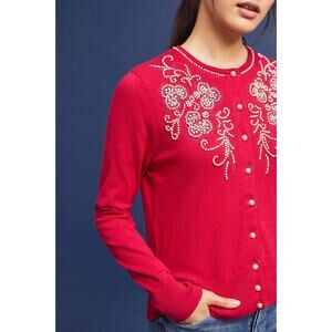 Anthropologie FIELD FLOWER Pearl Bead Holiday Pink Red Cardigan Sweater Size L